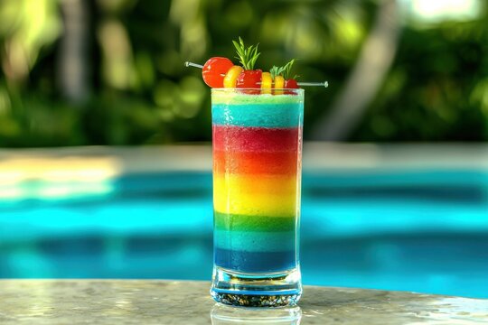 A colorful layered cocktail with fruit garnish stands poolside on a sunny afternoon, showcasing vibrant rainbow hues against a tropical backdrop, perfect for summer.