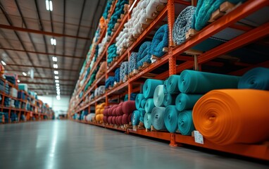 Vast Textile Warehouse Filled with Colorful Fabric Rolls