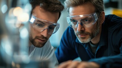 Fototapeta premium Focused gaze on intricate glasswork. A man in blue, shielded by goggles, examines the detail with precision