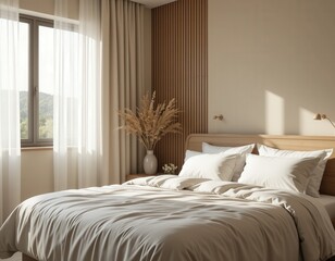 bedroom interior in trend mocha and beige colours with bed and pillows