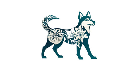 Teal Floral Husky Dog Silhouette Design