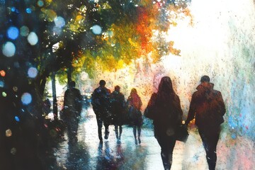 Autumn Stroll City Rain with Colorful Leaves, and People Walking.
