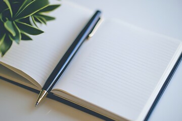 Open notebook with pen and plant for writing thoughts, journaling, or planning ideas