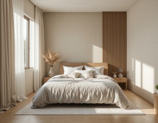 bedroom interior in trend mocha and beige colours with bed and pillows
