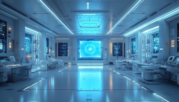 Futuristic control center with computers and technological displays everywhere