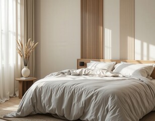 bedroom interior in trend mocha and beige colours with bed and pillows