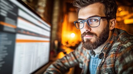Obraz premium Focused Bearded Man with Glasses Working on Computer at Night