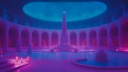 A glowing architectural scene in a beautiful otherworldly location