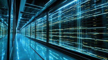 Blue Lit Server Room Corridor Interior