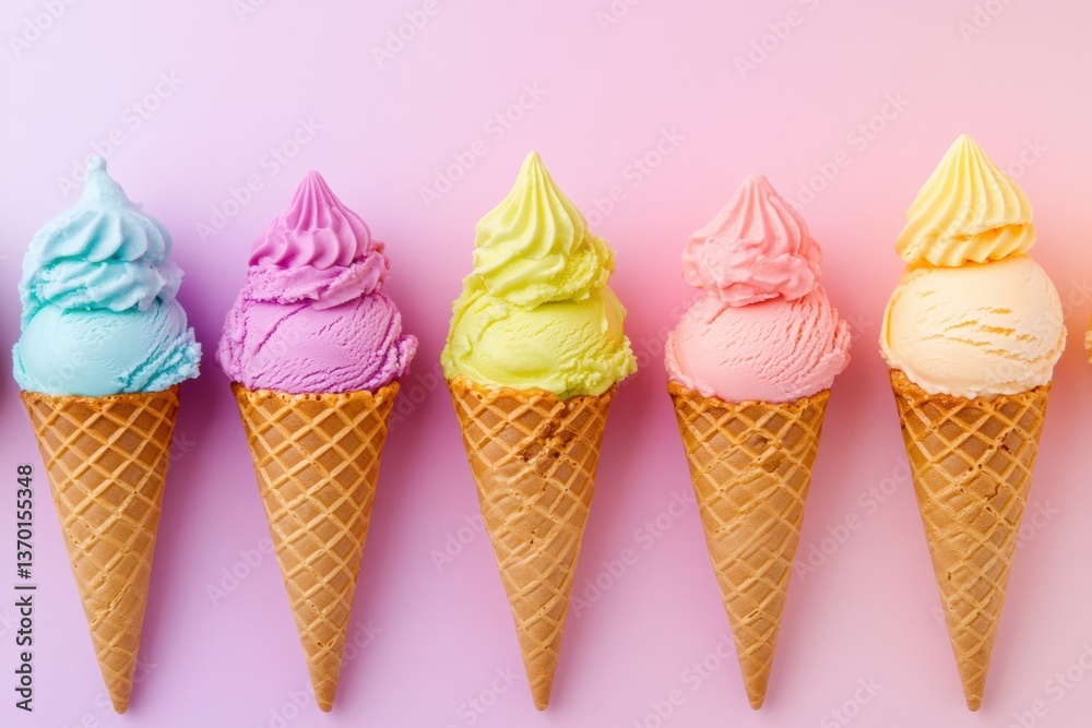 Poster bright rainbow-colored ice cream cones with glossy textures on a pastel background create a cheerful