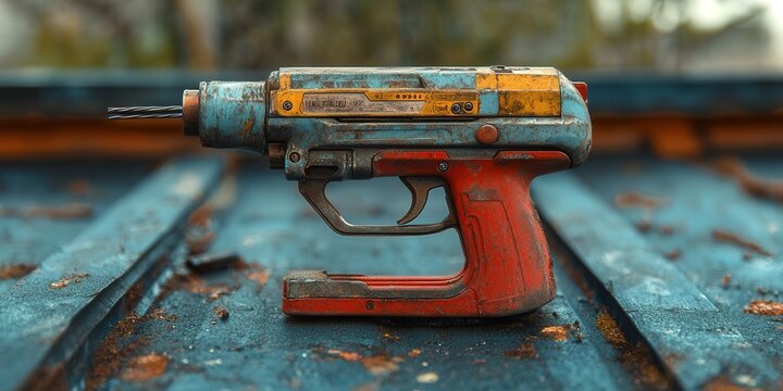Vintage industrial power drill with a rusted, weathered appearance on a textured surface.