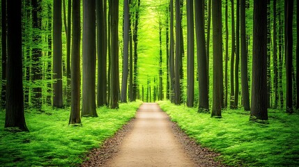 A forest pathway leads through tall trees with bright green foliage