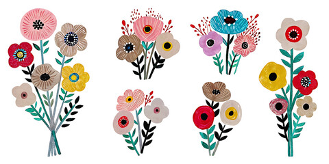 Obraz premium Whimsical bouquets of hand-painted flowers in vibrant, joyful colors against a clean white background.