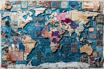 A textured world map created from fabric and textiles, showcasing cultural patterns and colors to represent diverse regions and oceans of the world.