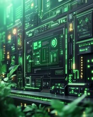 Fototapeta premium Futuristic green digital interface with plants.