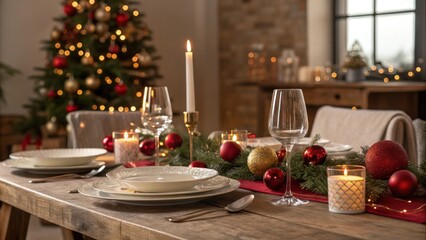 Christmas dinner table, elegant place settings, wine glasses
