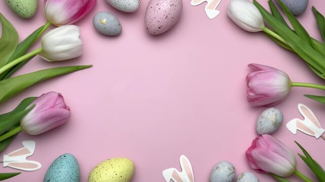 Stop motion animation of easter eggs and tulips on pink background