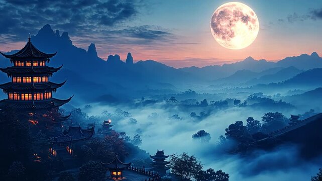 Serene Night of Oriental Pagoda: The beauty of a Chinese pagoda shrouded in mystery under the moon, embodying the tranquility of ancient culture.