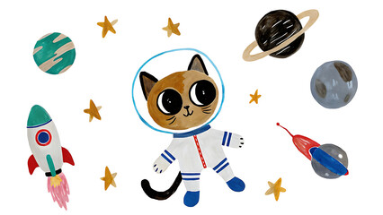 A charming calico cat astronaut floats amidst planets and rockets, embarking on a whimsical space adventure painted in cheerful watercolor.