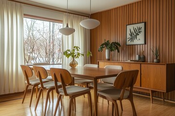 Fototapeta premium Minimalist Interior Dining Room, an interior photo of a dining room with a wooden dining table and chairs. Generative AI 
