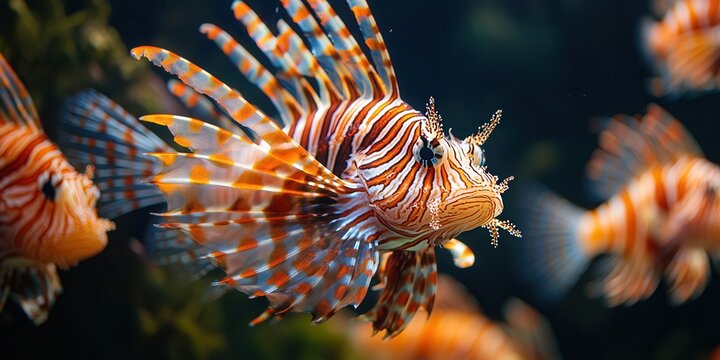 Vibrant lionfish swimming gracefully in a dark, mystical aquatic environment. - Powered by Adobe