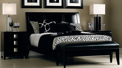 A modern bedroom with a bed and stylish decorative accents