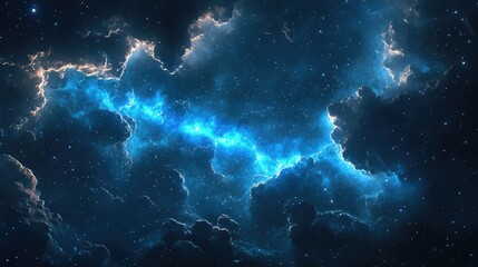 Fototapeta premium Majestic Cosmic Landscape with Deep Blue Nebula and Starry Sky Showcasing the Beauty and Mystery of the Universe, Illuminated by Ethereal Light and Celestial Clouds