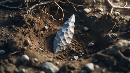 Isolated Stone Age Arrowhead on Dirt, Authentic Primitive Tool