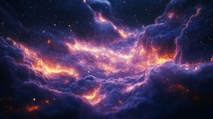 Cosmic Nebula with Orange and Purple Glowing Clouds