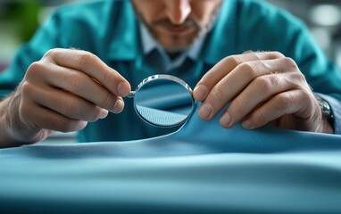 Fototapeta premium Expertly Examining Exquisite Blue Fabric Under Magnifying Glass