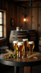 A row of craft beer glasses with different types of beer on wooden table. Barrels and hops in background. Cozy brewery vibe.