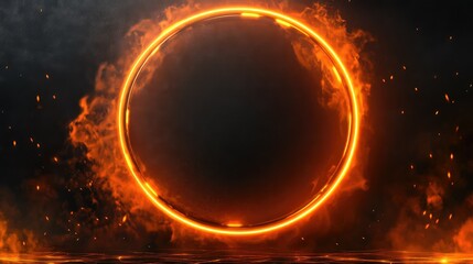 Fiery Circular Frame Surrounded by Glowing Flames Capturing the Essence of Heat, Energy, and Dynamic Motion in a Dark Atmospheric Setting
