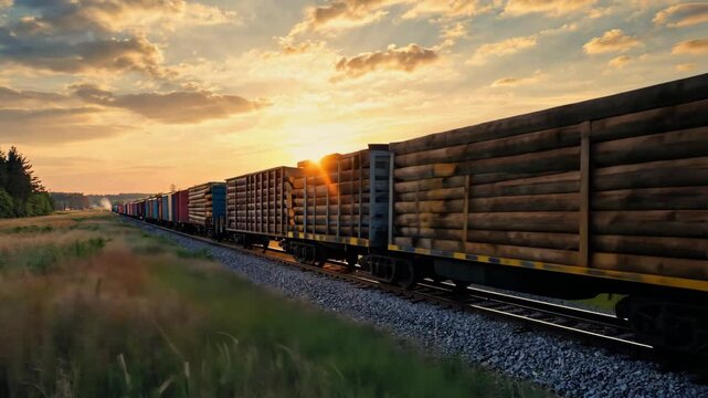 A freight train loaded with logs travels along a railway track at sunset, with the golden light illuminating the scene.