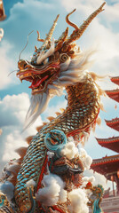 Fototapeta premium A majestic Chinese dragon statue with intricate details and a traditional temple in the background