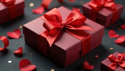 Obraz premium Elegant red ribbon tied gift boxes, gold accents, pattern, present, gift box