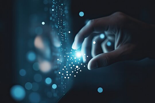 Hand interacting with glowing digital data - Powered by Adobe