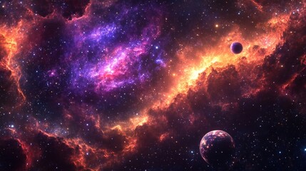 Vibrant Nebula with Planets in Deep Space