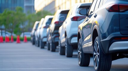 Fototapeta premium A row of parked cars in a modern setting, showcasing sleek designs and a sense of order amid urban architecture.