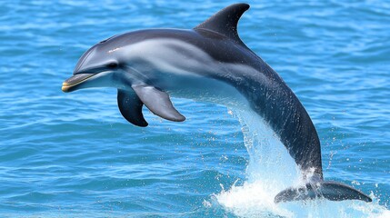 Fototapeta premium Dolphin Leaping Above Clear Blue Water in Calm Ocean Environment