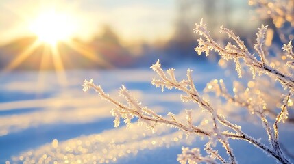 Obraz premium Winter wonderland sunlight glistening on frosted branches in a serene snowy landscape
