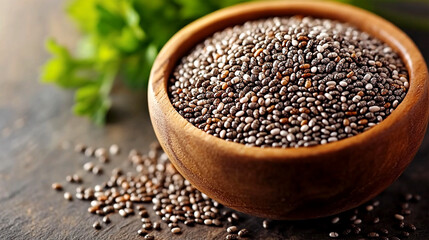 Chia seeds in a wooden bowl on a rustic table background  