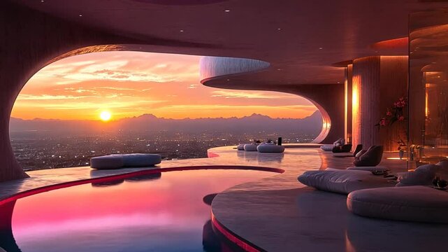 Sunset view from futuristic rooftop infinity pool, modern architecture, cityscape background. Possible use Luxury home, vacation rental, architecture design, or stock photo