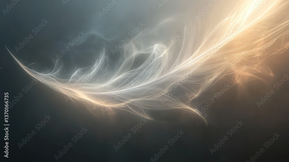 Poster ethereal abstract feather design in soft glowing light, dynamic movement and flowing textures in a s