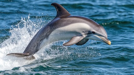 Fototapeta premium Dolphin Leaping Out of Clear Blue Ocean Waters in Sunny Day