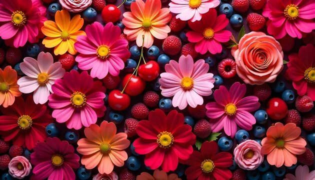 A vibrant, high-angle shot showcases a dense arrangement of flowers and berries, creating a textured, colorful surface
