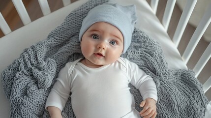A baby is laying in a crib with a blue hat on. The baby is smiling and looking at the camera