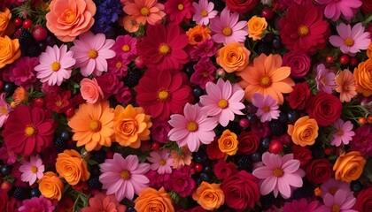 A vibrant, high-angle shot showcases a dense arrangement of flowers and berries, creating a textured, colorful surface