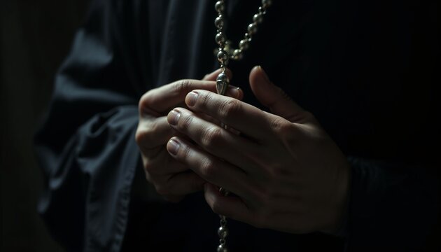 Hands of a priest holding rosary beads during Easter service   - Powered by Adobe