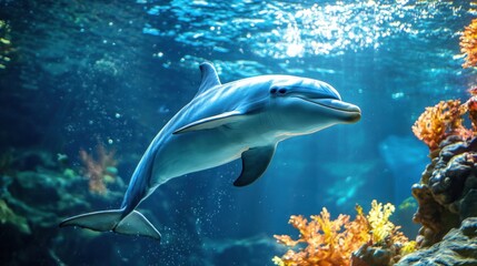 Naklejka premium Graceful Dolphin Swimming in Clear Ocean Water with Colorful Coral