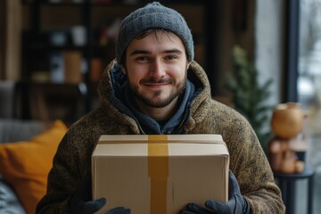 Young European man holding cardboard box parcel, delivering it to customer home address, guy looking and smiling at camera